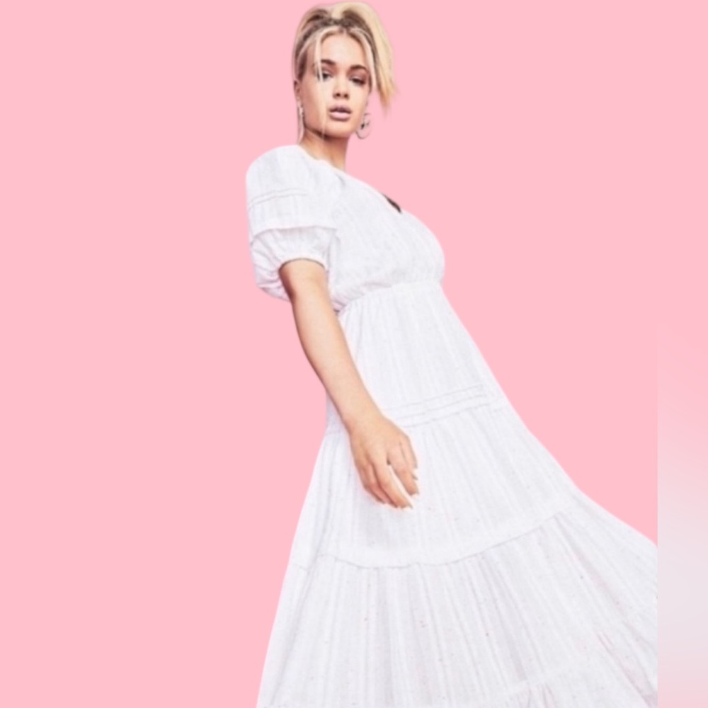 Betsey Johnson Speckled Tiered Boho Dress White Short Sleeve Peasant Maxi